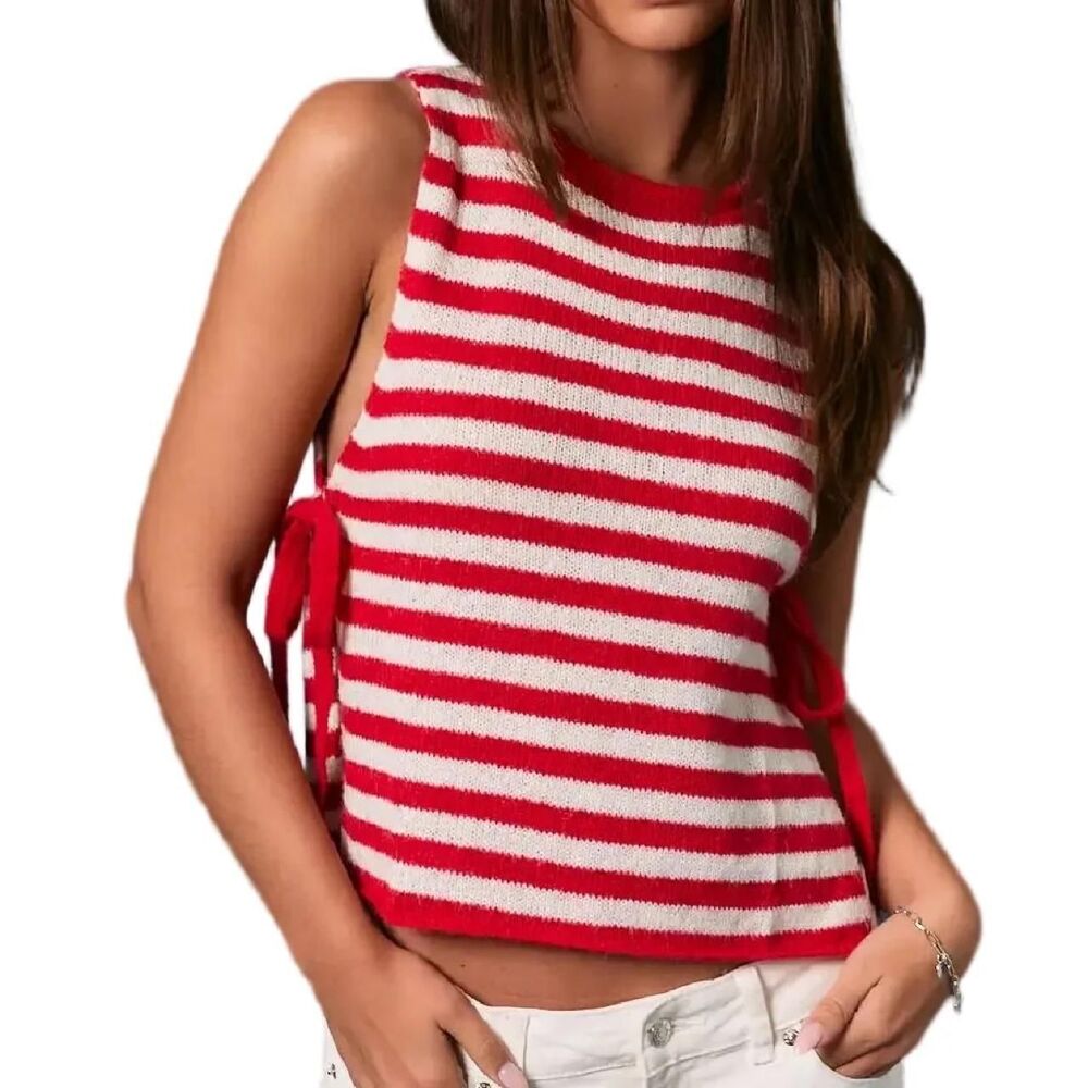 Le Lis Red Cream Striped Side Tie Sweater Vest M Nautical Coastal Preppy